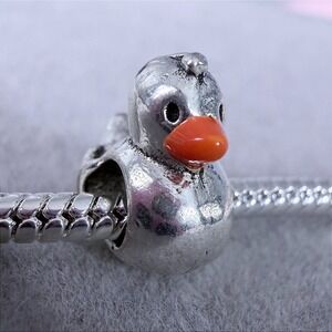 Silver Rubber Duck Animal Bead fits PANDORA Bracelet Charm Orange Beak